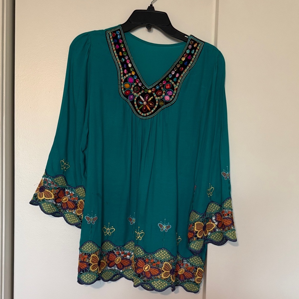 Embroidered Teal Boho Top